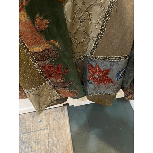 Flashback Vintage Patchwork Velvet  Brocade Artsy  Embroidered Jacket Green L - Picture 5 of 7